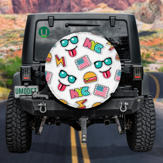 Funny American Icons Lifestyle Doodle Pattern Spare Tire Cover Jeep Tire Covers Daymira