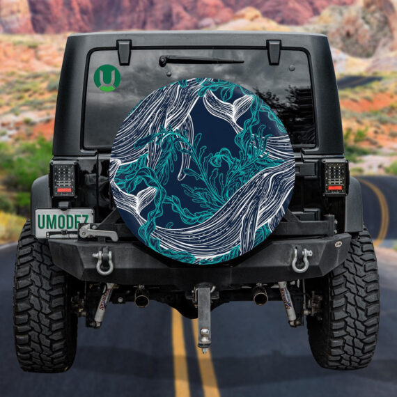 Giant Blue Whale Marine Plants Seaweeds Drawn By Hand Spare Tire Cover - Jeep Tire Covers