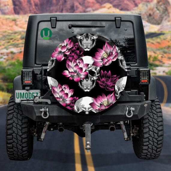 Human Skull And Lotuses On Black Background Spare Tire Cover Car Accessories Jeep Tire Covers 6829