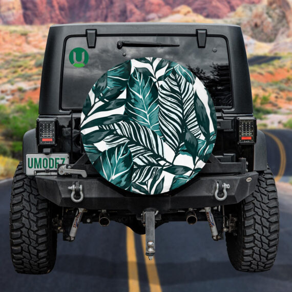 Dark Green Tropical Leaves In Watercolor Painting Spare Tire Cover - Jeep Tire Covers