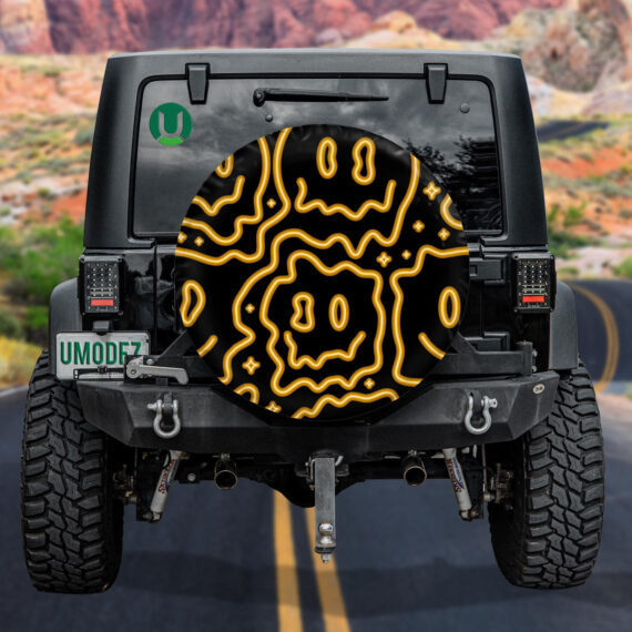 Funny Psychedelic Surreal Melt Smile Face Neon Light Pattern Spare Tire Cover - Jeep Tire Covers