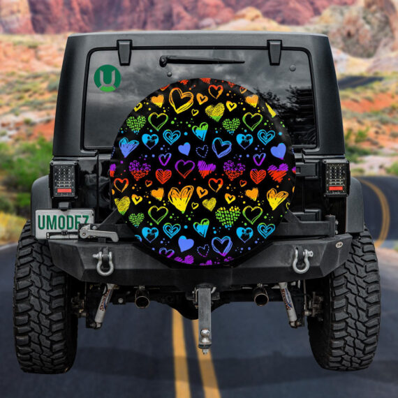 Hand Drawn Valentine Grunge Neon Hearts In Lgbt Flag Color Spare Tire Cover - Jeep Tire Covers