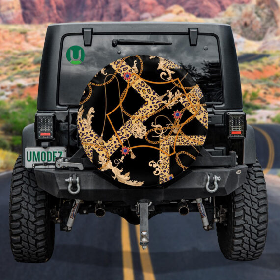 Golden Chains And Leopard Spotted Square Spare Tire Cover - Jeep Tire Covers