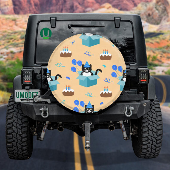 Cute Black Cat Sitting In A Cardboard Box Spare Tire Cover - Jeep Tire Covers