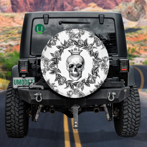 Human Skull In Crown With A Wreath Of Roses Spare Tire Cover Car Accessories Jeep Tire Covers 3122