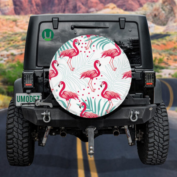 Dark Pink Flamingo With Tropical Palm Leaves Spare Tire Cover - Jeep Tire Covers