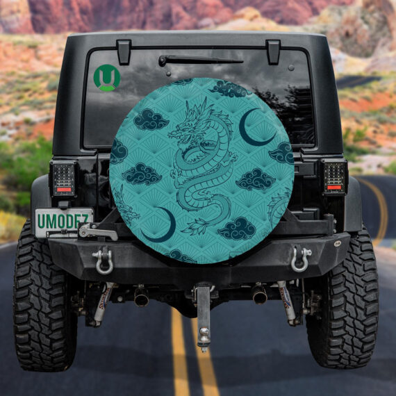 Dark Green Dragon Flying With Crescent Moon Spare Tire Cover - Jeep Tire Covers