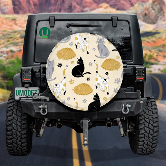 Cats And Paw Prints On Yellow Spare Tire Cover - Jeep Tire Covers