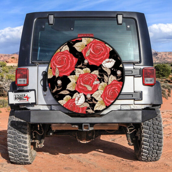 Spare Tire Cover Flowers Black Background - Jeep Tire Covers