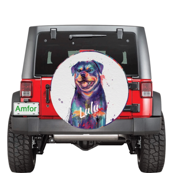 Lovely Rottweiler Dog Portrait Spare Tire Cover Custom Name Watercolor - Jeep Tire Covers