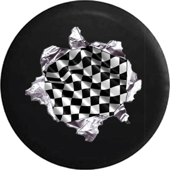 Racing Checkered Flag Tearing Through Black Collection Spare Tire Cover - Jeep Tire Covers