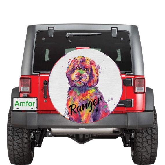 Brilliant Goldendoodle Dog Portrait Spare Tire Cover Watercolor Custom Name - Jeep Tire Covers