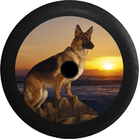 German Sheppard Dog Stand On Rocks In Sunset Spare Tire Cover - Jeep Tire Covers