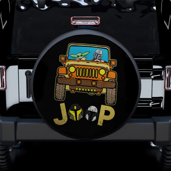 Baby Yoda And Mandalorian Riding Jeep Funny Car Spare Tire Covers Gift For Campers - Jeep Tire Covers