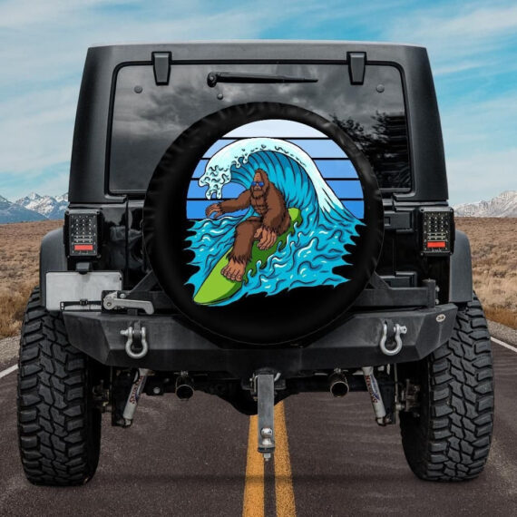 Spare Tire Cover with Bigfoot Surfing design, Jeep Spare Tire Cover, Surfer Bigfoot Wheel Cover, Gift for a Jeep Owner