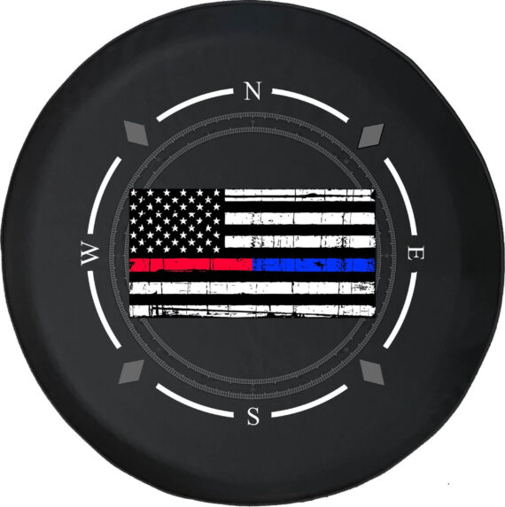 Police Blue Line Firefighter Red Line Compass Spare Tire Cover for Jeep, Camper, SUV With or Without Backup Camera Hole