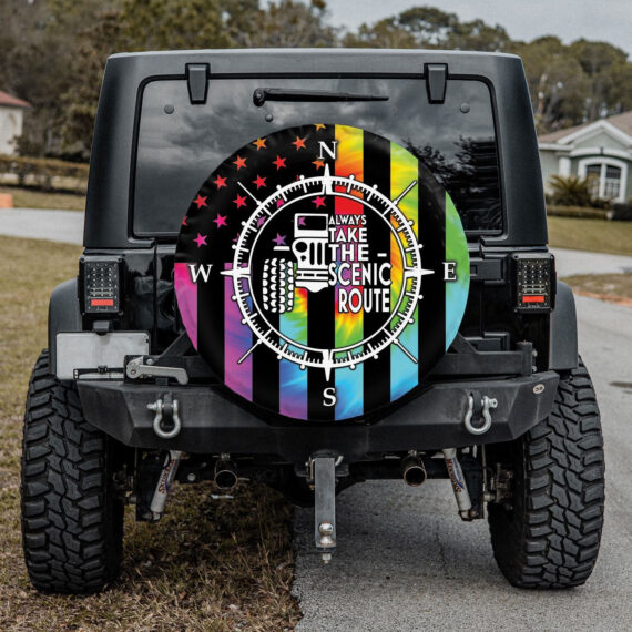 Jeep Spare Tire Cover - Always Take The Scenic Route Jeep Tie Dye Compass Spare Tire Cover