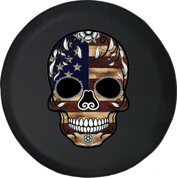 Vintage American Flag Sugar Skull Spare Tire Cover  for Jeep, Camper, SUV With or Without Backup Camera Hole