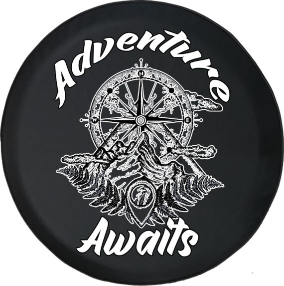 Adventure Awaits Mountain Compass Spare Tire Cover for Jeep, Camper, SUV With or Without Backup Camera Hole