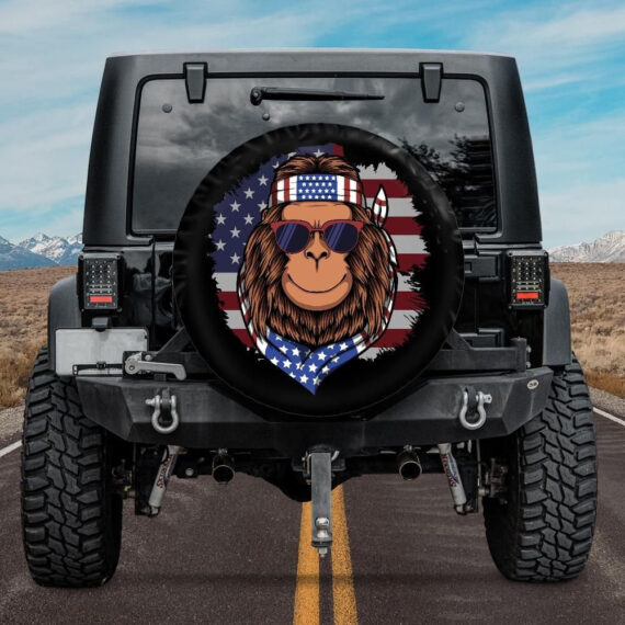 Spare Tire Cover with Bigfoot and American Flag, Jeep Spare Tire Cover, Surfer Bigfoot Wheel Cover, Gift for a Jeep Owner