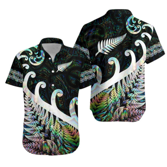 New Zealand Rugby Maori Hawaiian Shirt Silver Fern Koru Vibes - Paua Shell