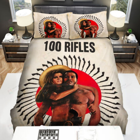 100 Rifles 1969 Gun, Red Circle, Woman And Man Movie Poster Bed Sheets Spread Comforter Duvet Cover Bedding Sets