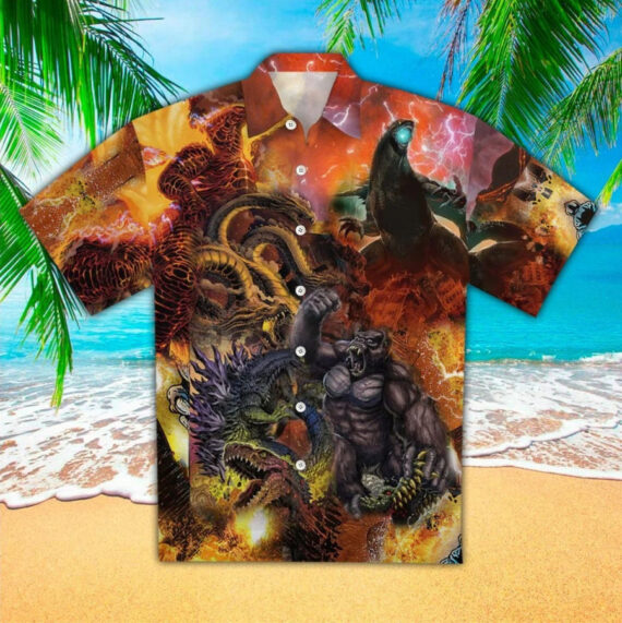 Godzilla Hawaiian Shirt, Godzilla Button Up Shirt - Short Sleeve Shirt Printed For Men Women - Vintage Hawaii Beach Shirt, Aloha Shirt