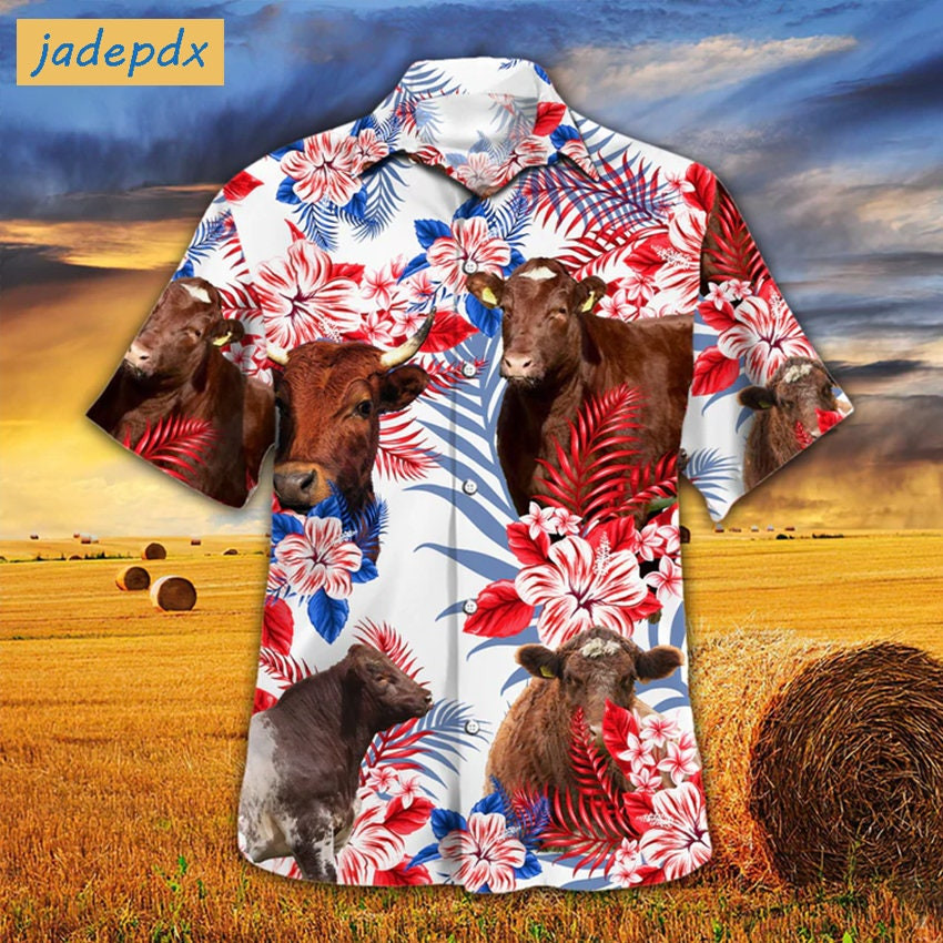 Tropical Flower Shorthorn Cattle American Flag Hawaiian Shirts For ...