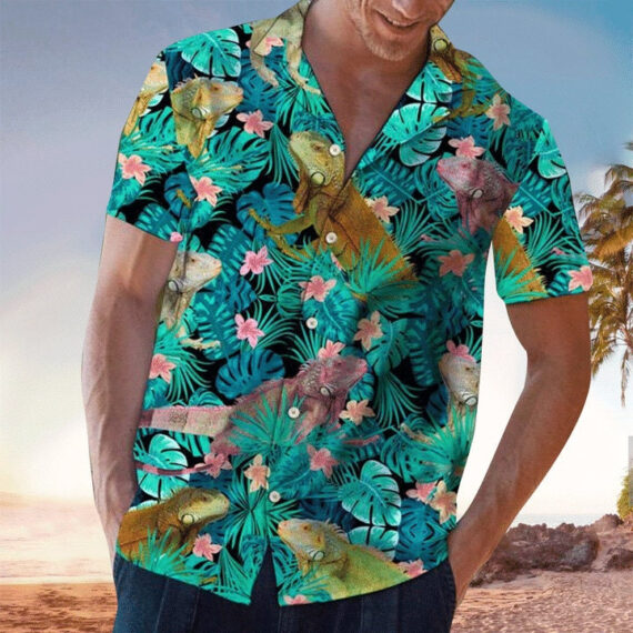 Iguanas Tropical Blue Unique Design Hawaiian Shirt All Over Printed For Men Women - Iguana Vintage Hawaii Beach Shirt, Aloha Shirt