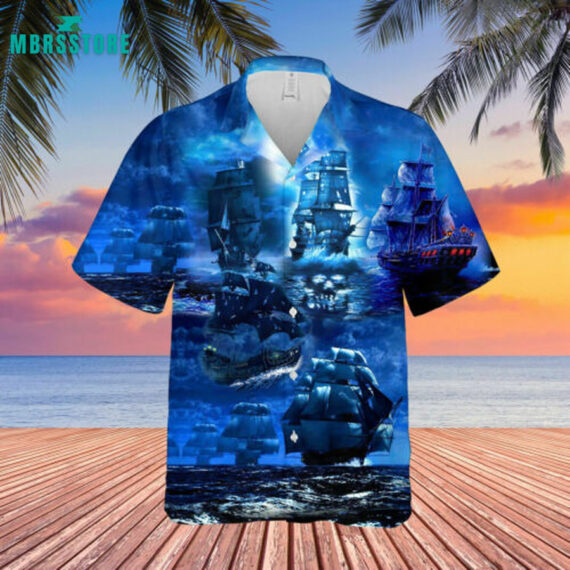 3D Pirate Ship Under The Romantic Moonlight Unisex Hawaiian Shirt, Pirates Print short sleeve, Pirate Shirt, hawaiian button up